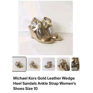 Michael Kors Gold Leather Wedge Heel Sandals Ankle Strap Women's Shoes Size 10
